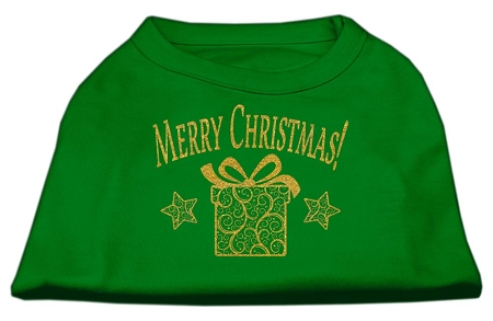 Golden Christmas Present Dog Shirt Emerald Green Lg